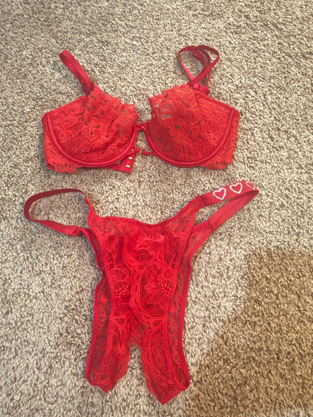 Victoria's Secret Red Lace Underwire Bra & Thong Set with Heart Detail